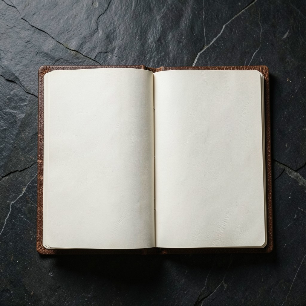 Open leather binder with blank claims trend pages on dark stone