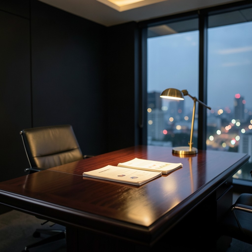 Quiet Bangkok risk office with printed claims trend pages under warm lamp light
