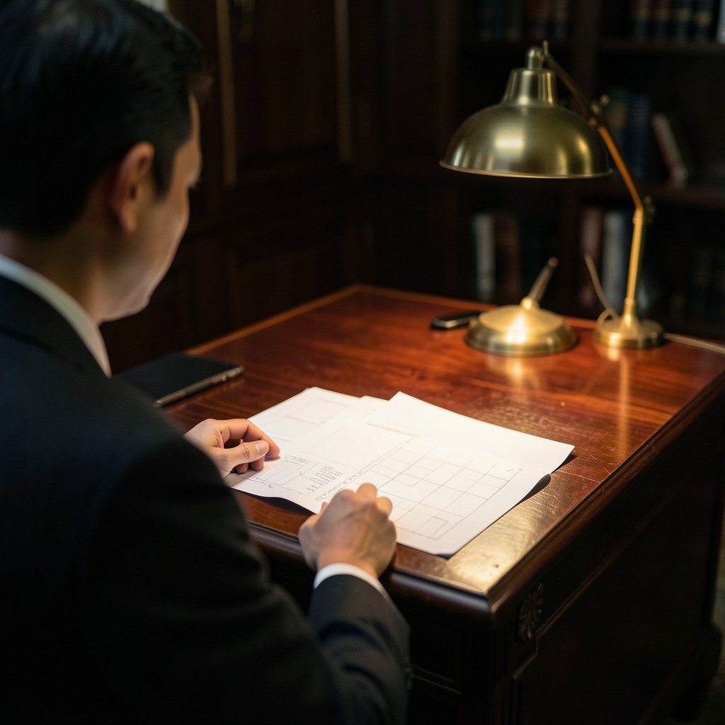 Risk analyst reviewing printed claims trend charts at a dark wood desk